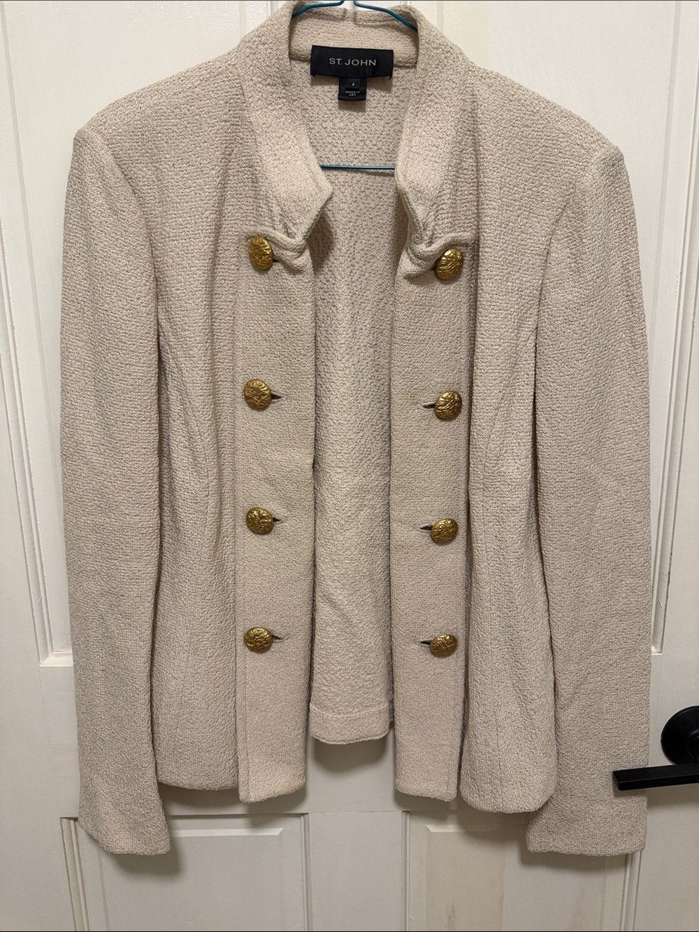 St. John Cream Double-Breasted Knit Blazer with Gold Buttons